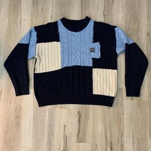 Vintage tri color block pattern knit sweater with bear pocket Size Large